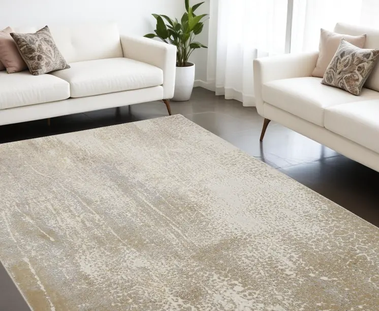10' X 13' Ivory Gray And Gold Abstract Stain Resistant Area Rug