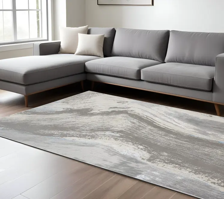 8' X 10' Gray Ivory and Blue Abstract Non Skid Area Rug