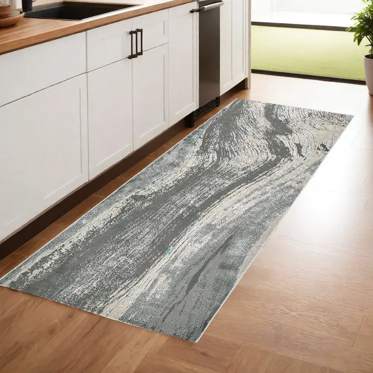 8' Blue and Gray Abstract Power Loom Runner Rug