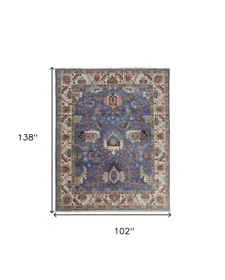 9' X 12' Blue And Red Wool Floral Hand Knotted Stain Resistant Area Rug