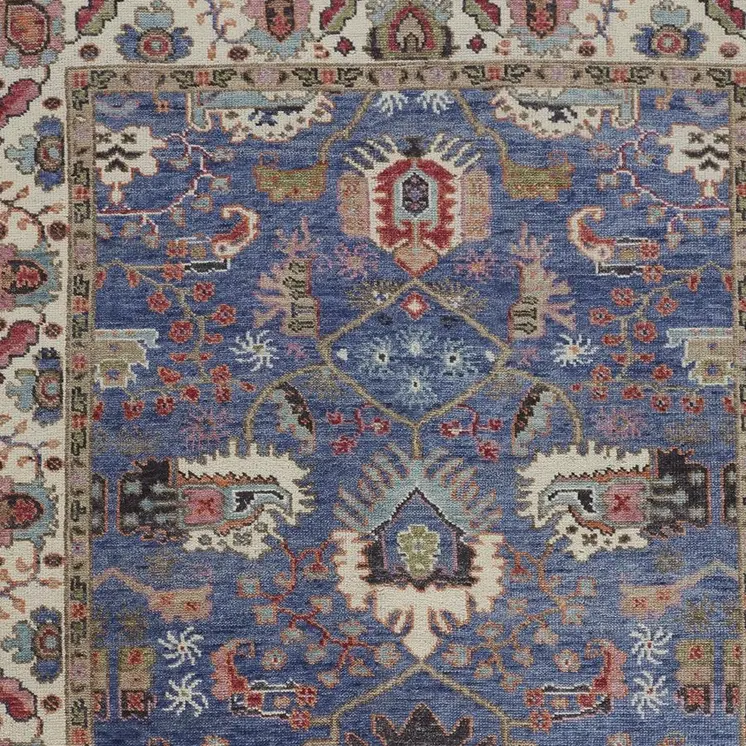 10' X 13' Blue And Red Wool Floral Hand Knotted Stain Resistant Area Rug