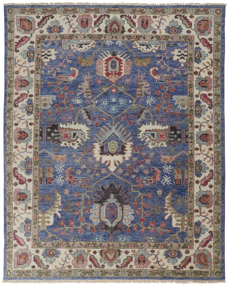 10' X 13' Blue And Red Wool Floral Hand Knotted Stain Resistant Area Rug