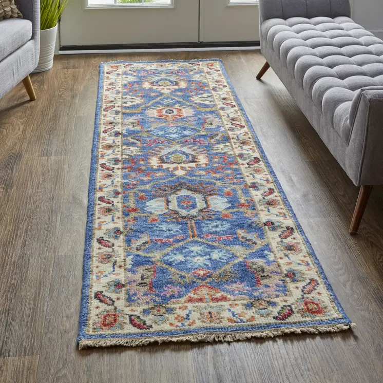 8' Blue and Beige Wool Floral Hand Knotted Runner Rug With Fringe
