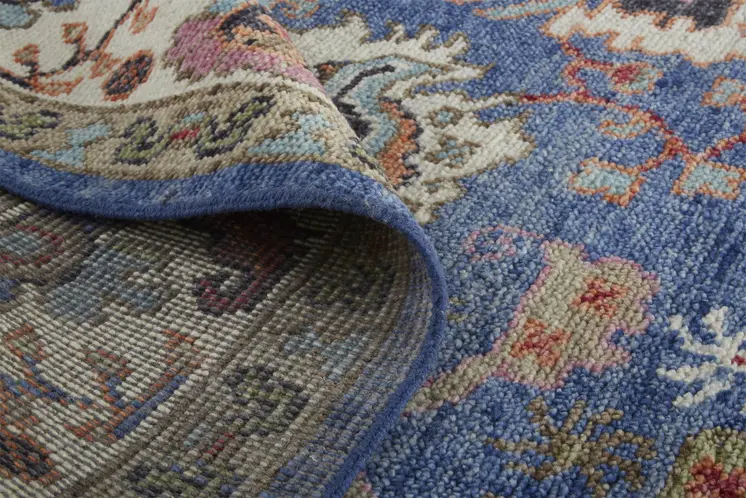 8' Blue and Beige Wool Floral Hand Knotted Runner Rug With Fringe