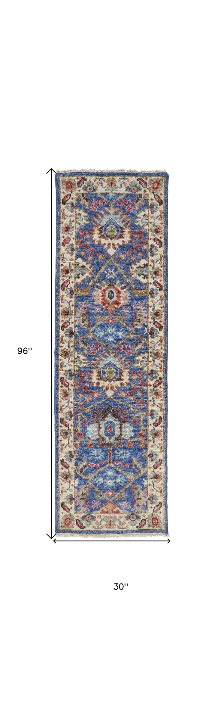 8' Blue and Beige Wool Floral Hand Knotted Runner Rug With Fringe