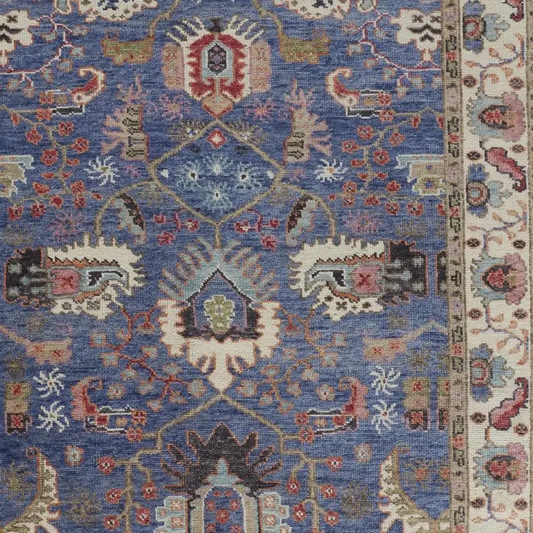 12' X 15' Blue And Red Wool Floral Hand Knotted Stain Resistant Area Rug