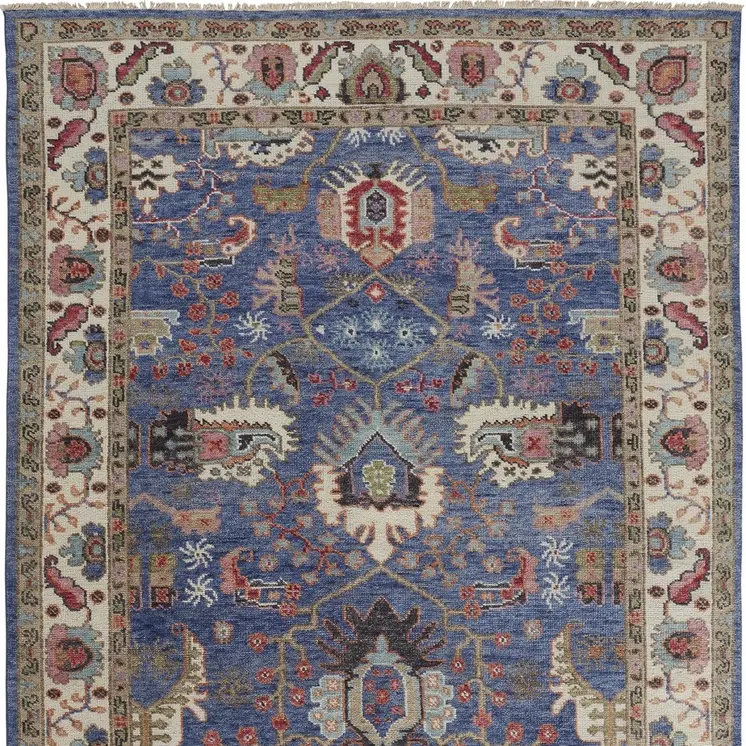 12' X 15' Blue And Red Wool Floral Hand Knotted Stain Resistant Area Rug