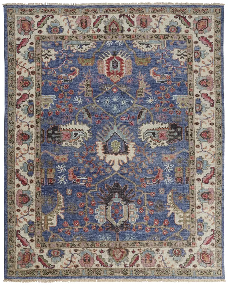 2' X 3' Blue and Beige Wool Floral Hand Knotted Area Rug