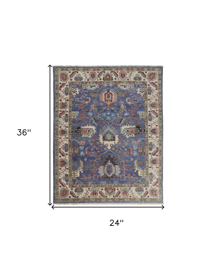 2' X 3' Blue and Beige Wool Floral Hand Knotted Area Rug