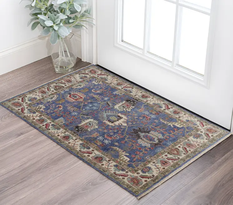 2' X 3' Blue and Beige Wool Floral Hand Knotted Area Rug