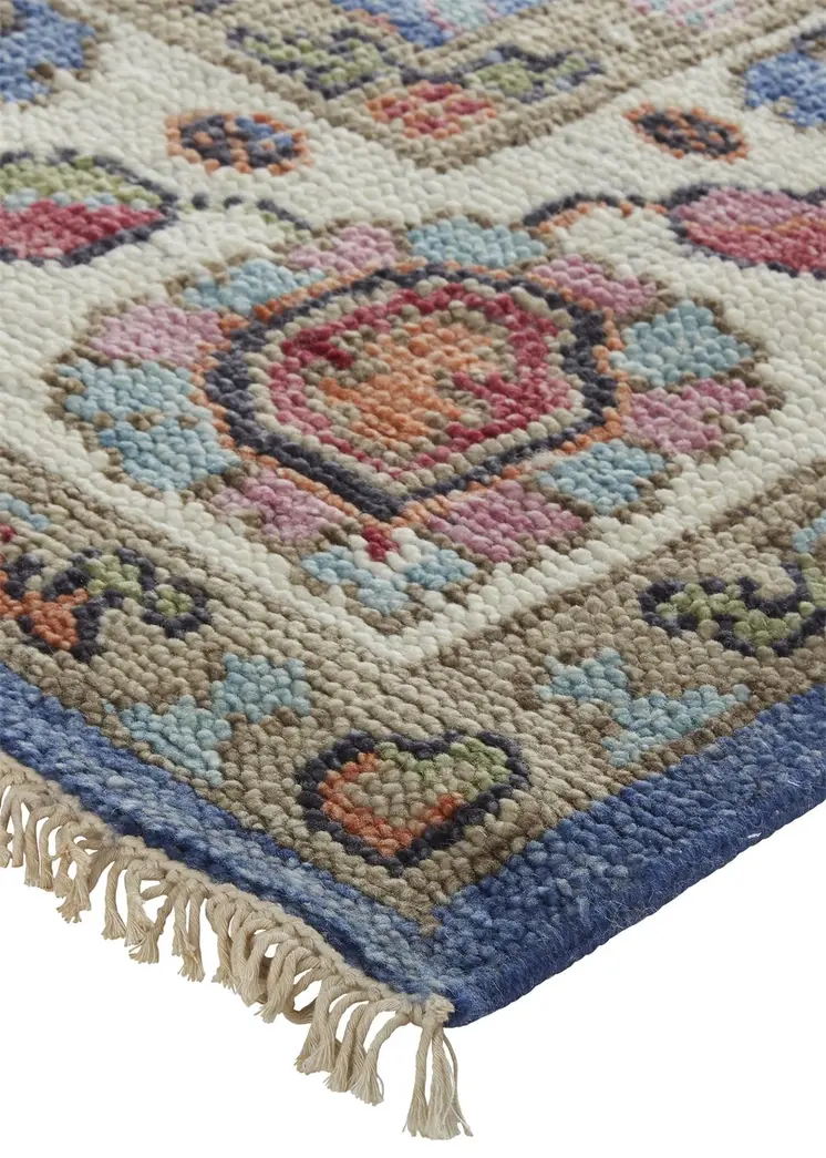 2' X 3' Blue and Beige Wool Floral Hand Knotted Area Rug