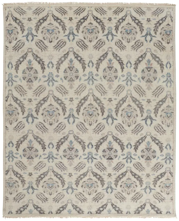 9' X 12' Ivory Gray And Blue Wool Floral Hand Knotted Stain Resistant Area Rug