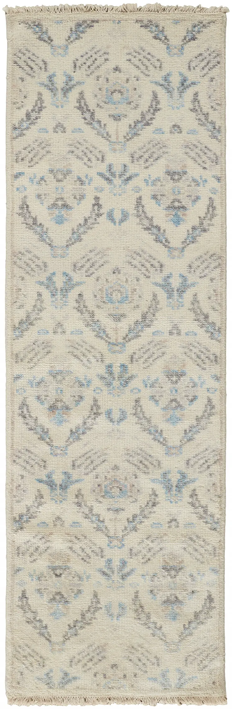 8' Gray and Ivory Wool Floral Hand Knotted Runner Rug With Fringe