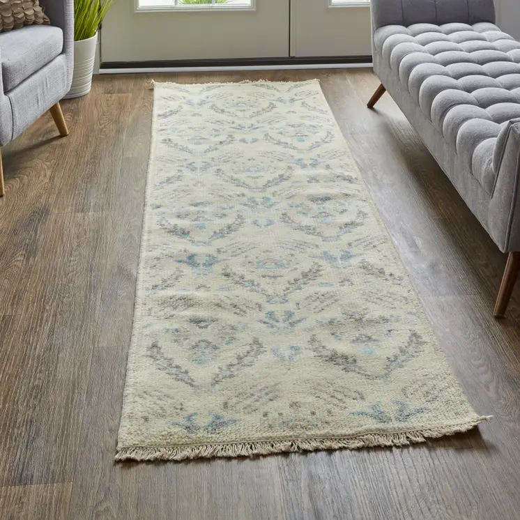 8' Gray and Ivory Wool Floral Hand Knotted Runner Rug With Fringe