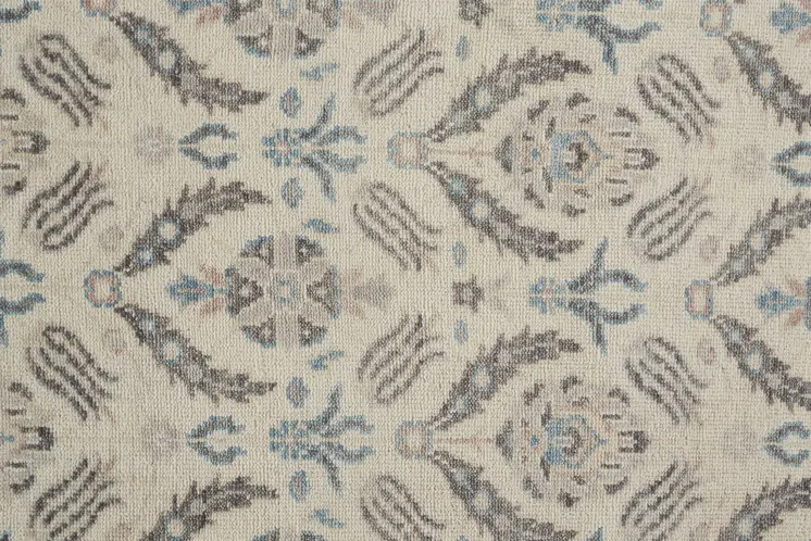 8' Gray and Ivory Wool Floral Hand Knotted Runner Rug With Fringe