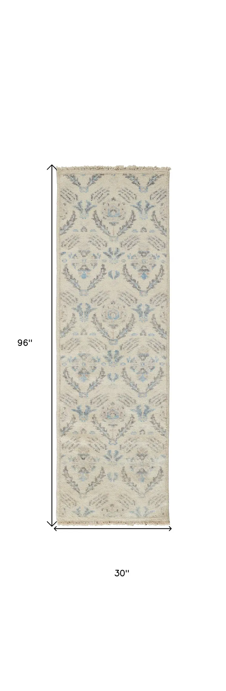 8' Gray and Ivory Wool Floral Hand Knotted Runner Rug With Fringe