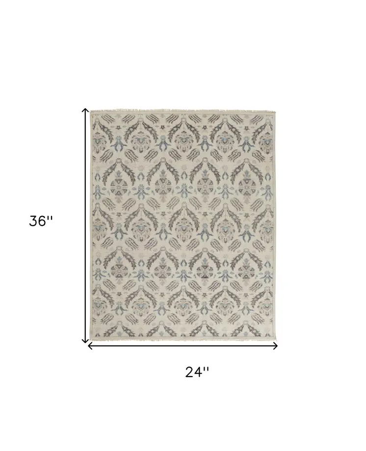 2' X 3' Gray and Ivory Wool Floral Hand Knotted Area Rug