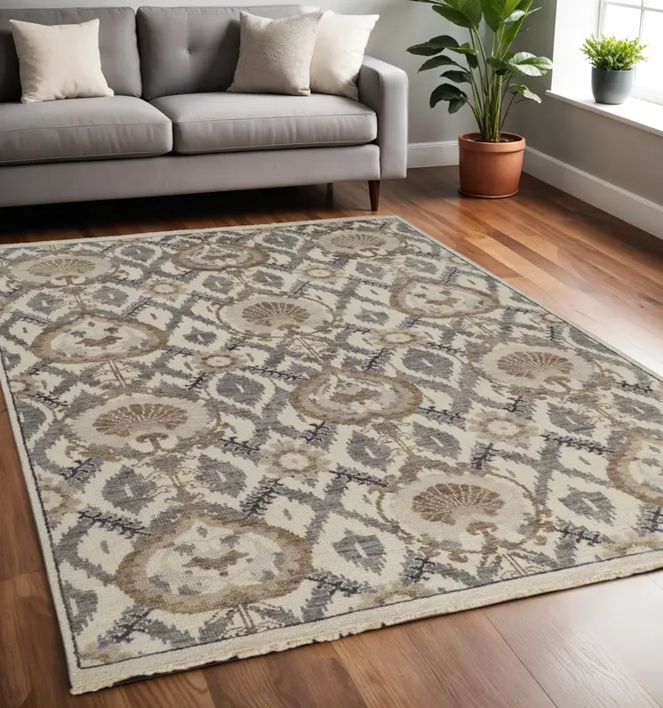 5' X 8' Ivory Gray And Taupe Wool Floral Hand Knotted Stain Resistant Area Rug