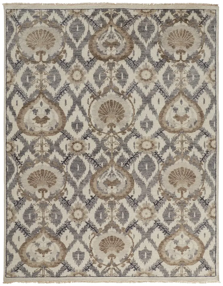 9' X 12' Ivory Gray And Taupe Wool Floral Hand Knotted Stain Resistant Area Rug