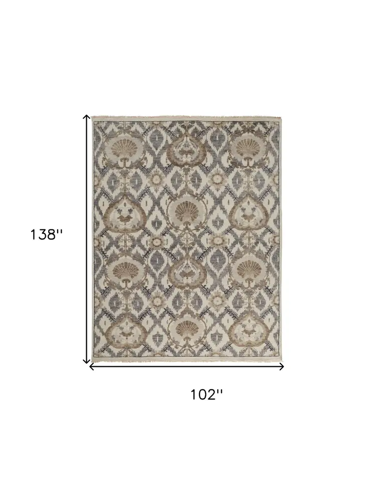 9' X 12' Ivory Gray And Taupe Wool Floral Hand Knotted Stain Resistant Area Rug