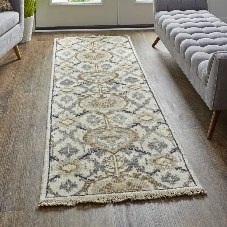 8' Gray and Ivory Wool Floral Hand Knotted Runner Rug With Fringe
