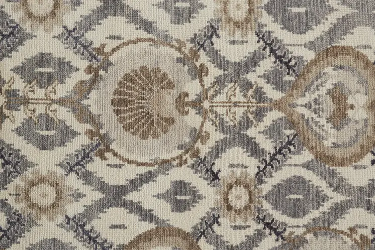 8' Gray and Ivory Wool Floral Hand Knotted Runner Rug With Fringe