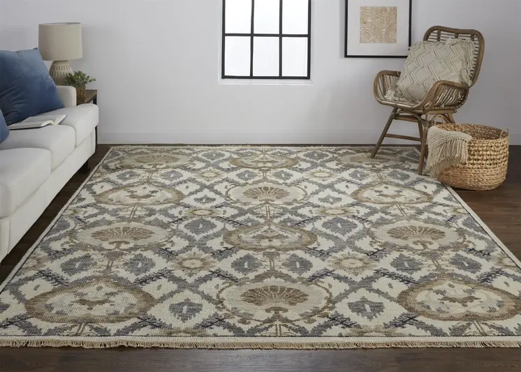 12' X 15' Ivory Gray And Taupe Wool Floral Hand Knotted Stain Resistant Area Rug