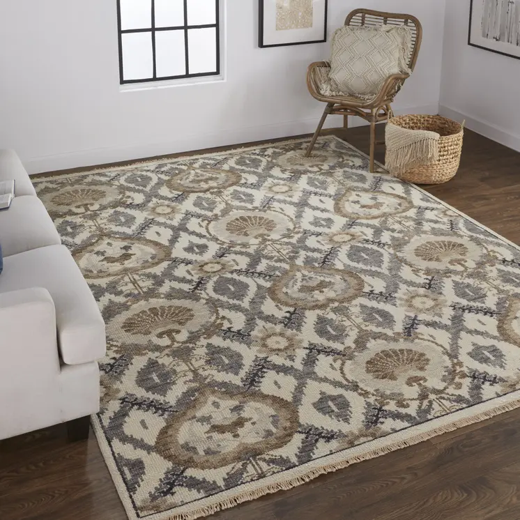 12' X 15' Ivory Gray And Taupe Wool Floral Hand Knotted Stain Resistant Area Rug