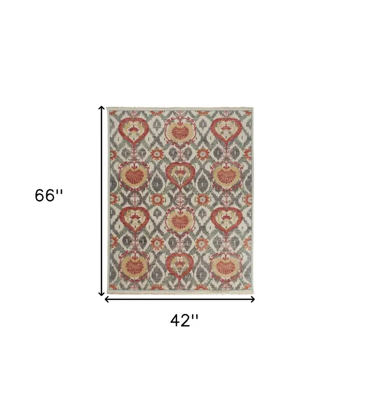 4' X 6' Orange and Ivory Wool Floral Hand Knotted Area Rug