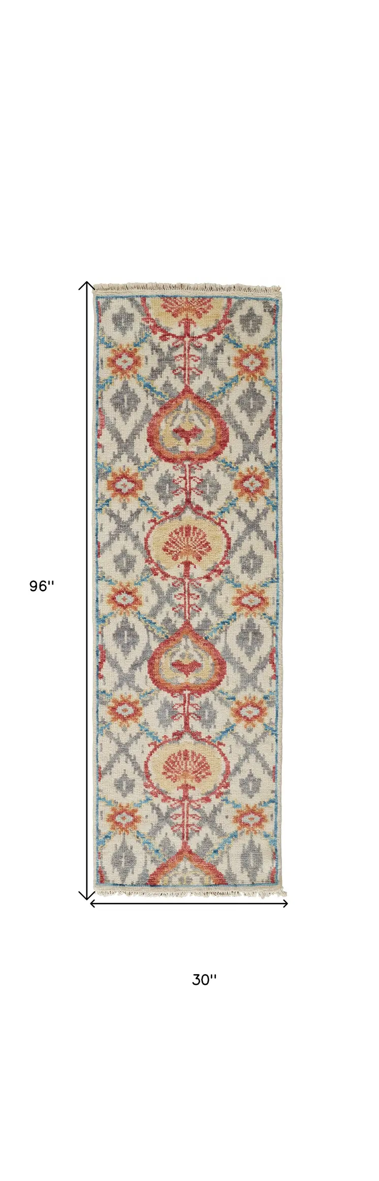 8' Orange and Ivory Wool Floral Hand Knotted Runner Rug With Fringe