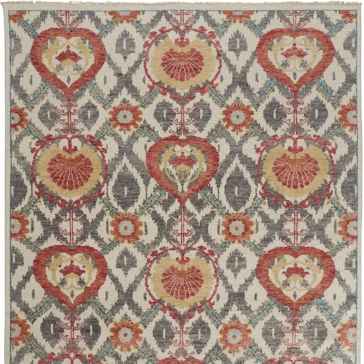 2' X 3' Orange and Ivory Wool Floral Hand Knotted Area Rug