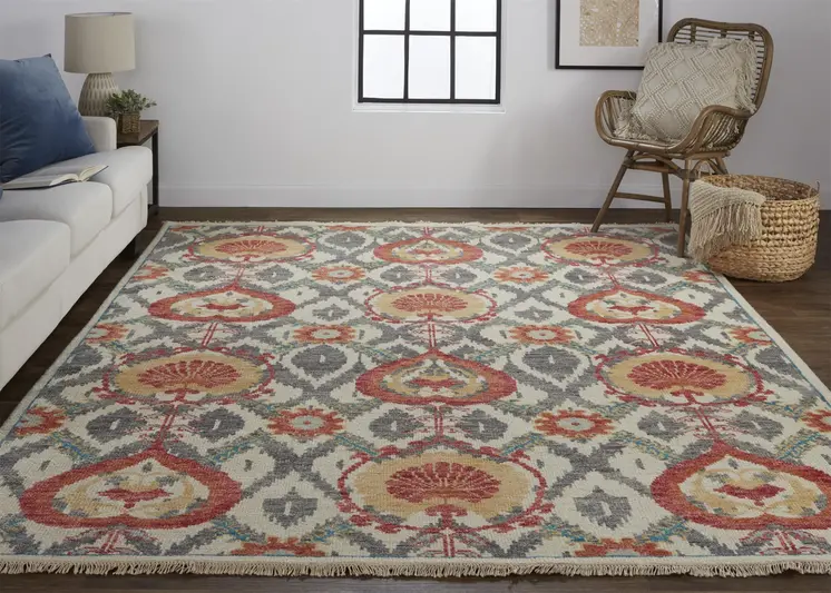 2' X 3' Orange and Ivory Wool Floral Hand Knotted Area Rug