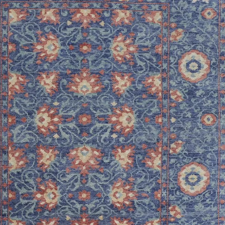 8' X 10' Blue And Red Wool Floral Hand Knotted Stain Resistant Area Rug