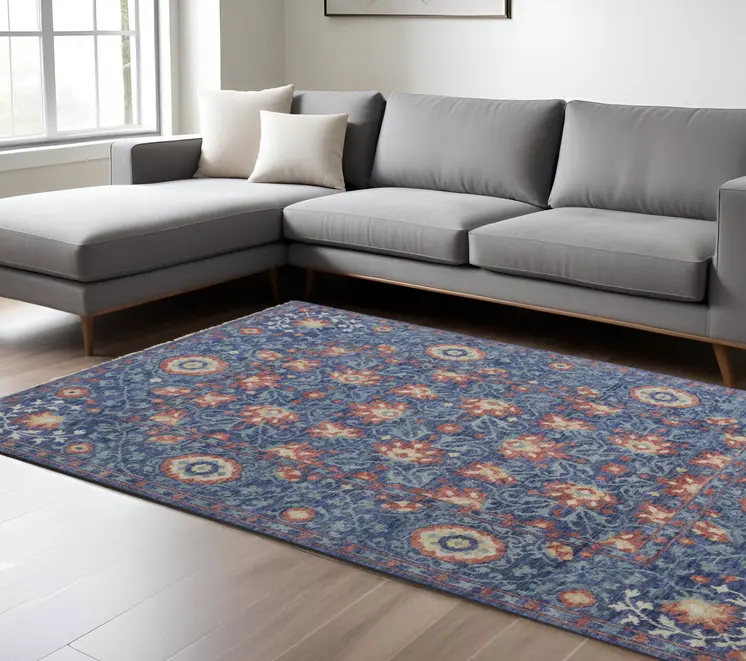 8' X 10' Blue And Red Wool Floral Hand Knotted Stain Resistant Area Rug