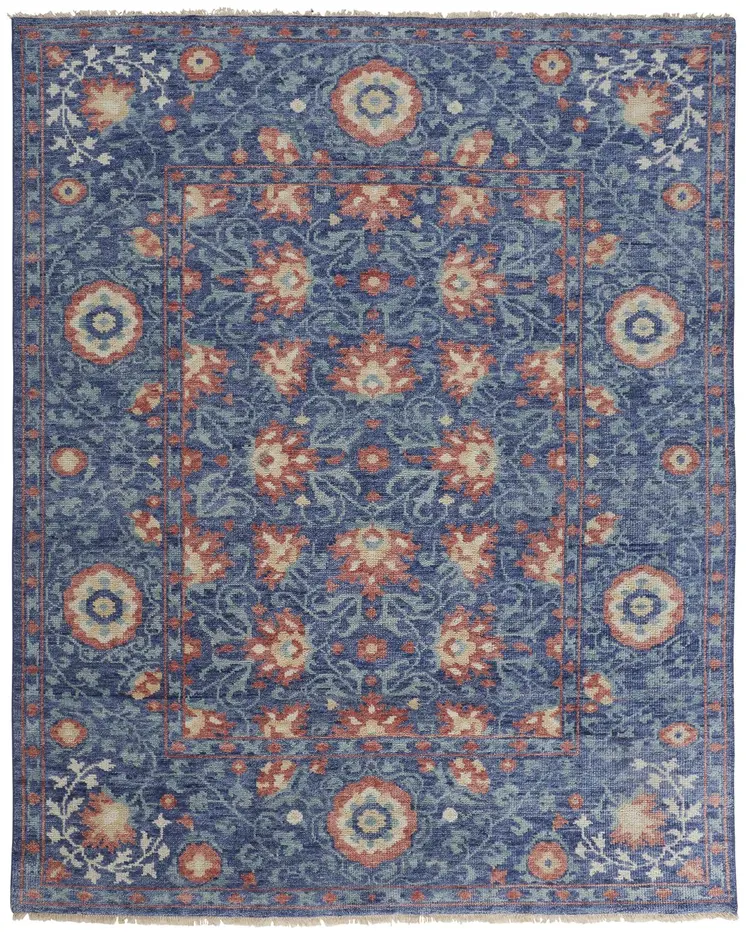 8' X 10' Blue And Red Wool Floral Hand Knotted Stain Resistant Area Rug