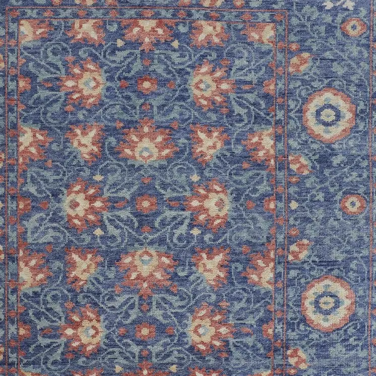 9' X 12' Blue And Red Wool Floral Hand Knotted Stain Resistant Area Rug