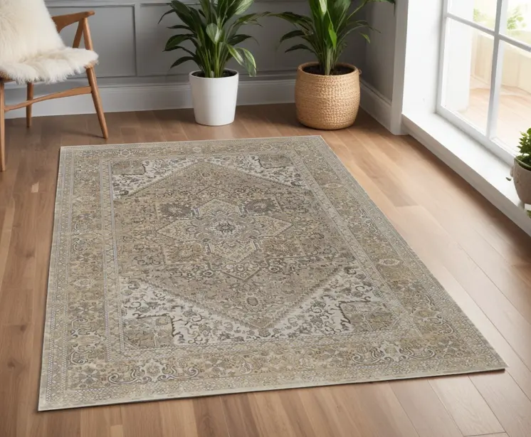 4' X 6' Brown and Ivory Floral Power Loom Distressed Non Skid Area Rug