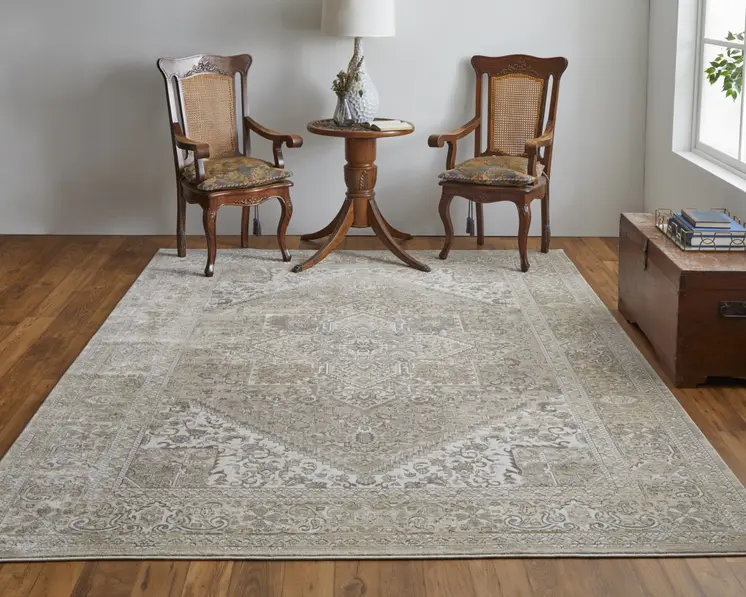 4' X 6' Brown and Ivory Floral Power Loom Distressed Non Skid Area Rug