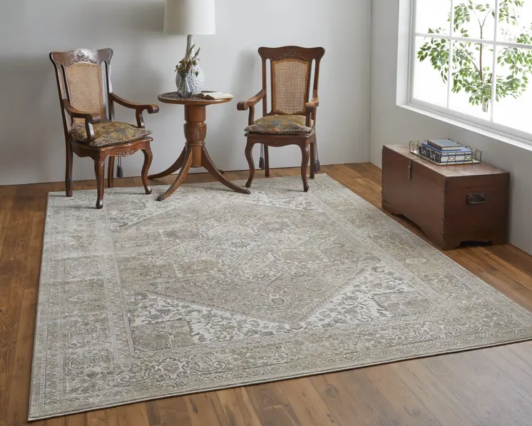 5' X 8' Brown and Ivory Floral Power Loom Distressed Non Skid Area Rug