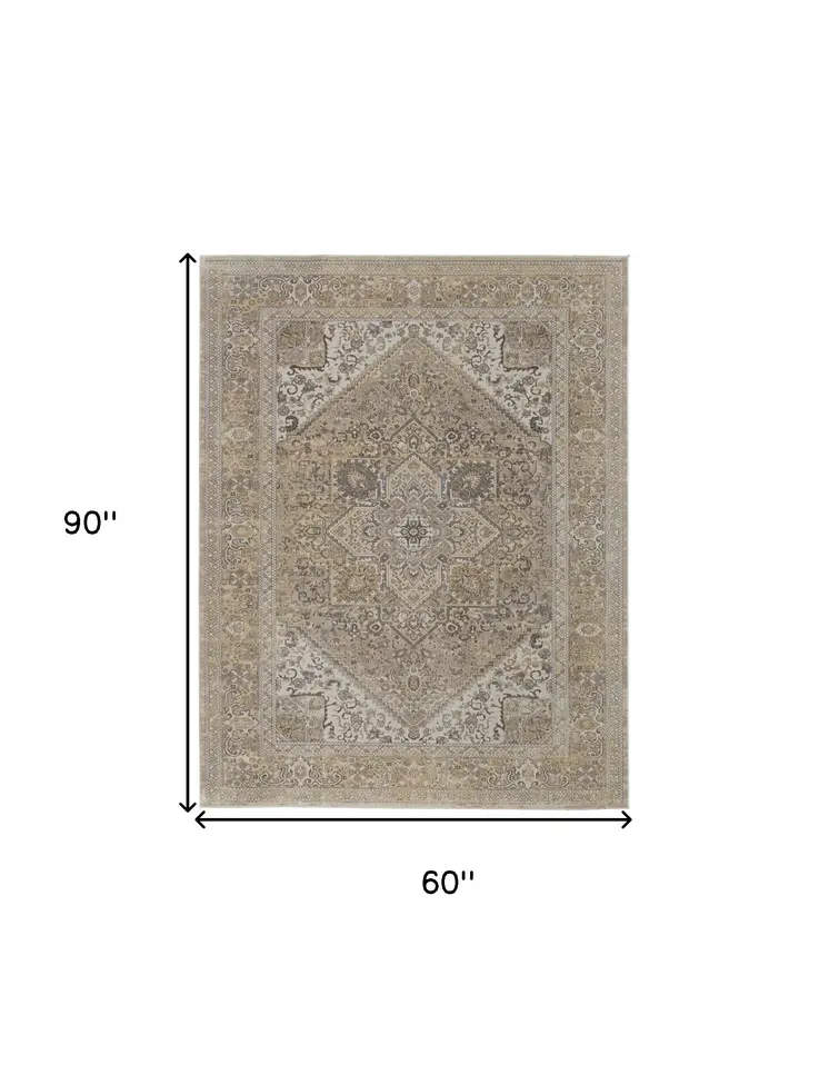 5' X 8' Brown and Ivory Floral Power Loom Distressed Non Skid Area Rug