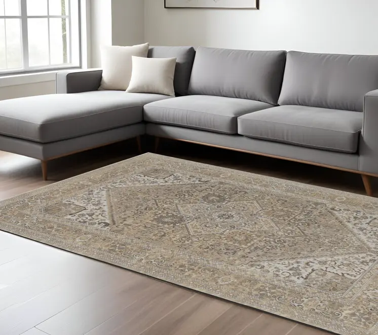 10' X 14' Brown Ivory And Tan Floral Power Loom Distressed Area Rug