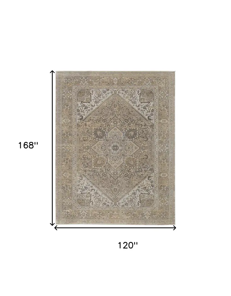 10' X 14' Brown Ivory And Tan Floral Power Loom Distressed Area Rug