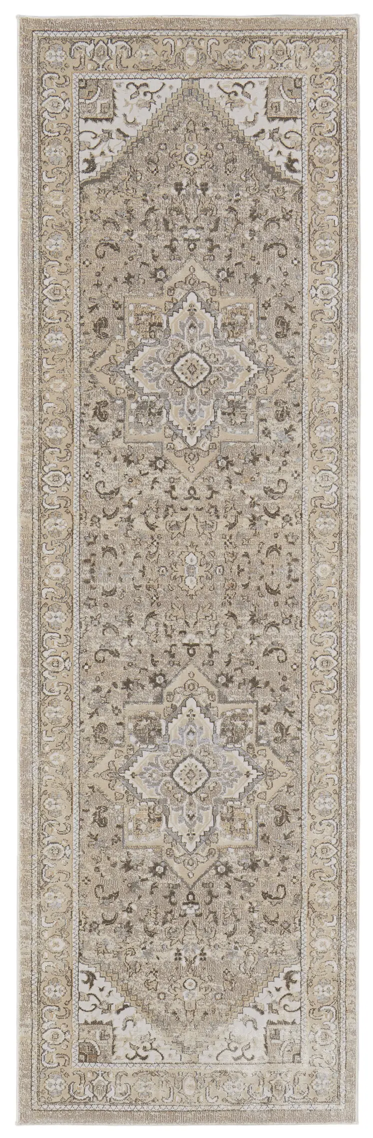 8' Brown and Ivory Medallion Power Loom Distressed Runner Rug