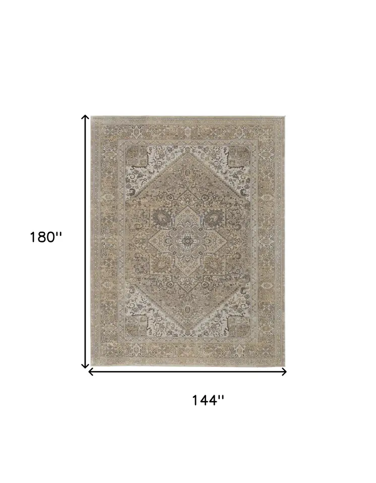 12' X 15' Brown Ivory And Tan Floral Power Loom Distressed Area Rug