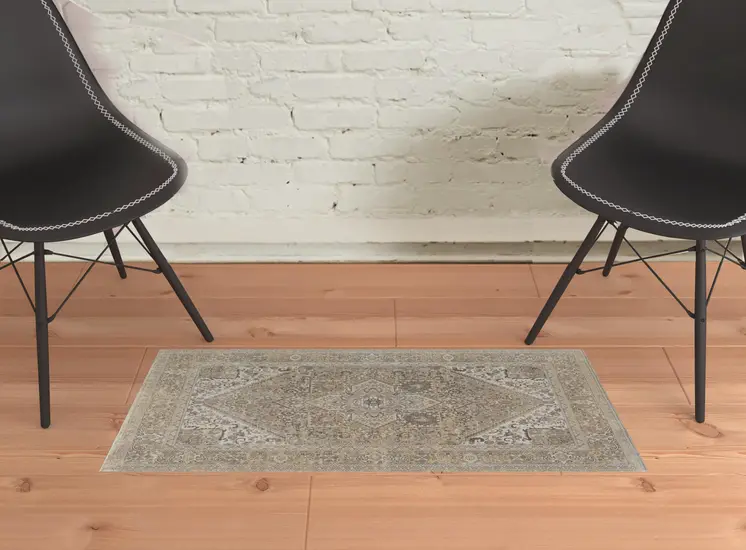2' X 3' Brown Ivory And Tan Floral Power Loom Distressed Area Rug