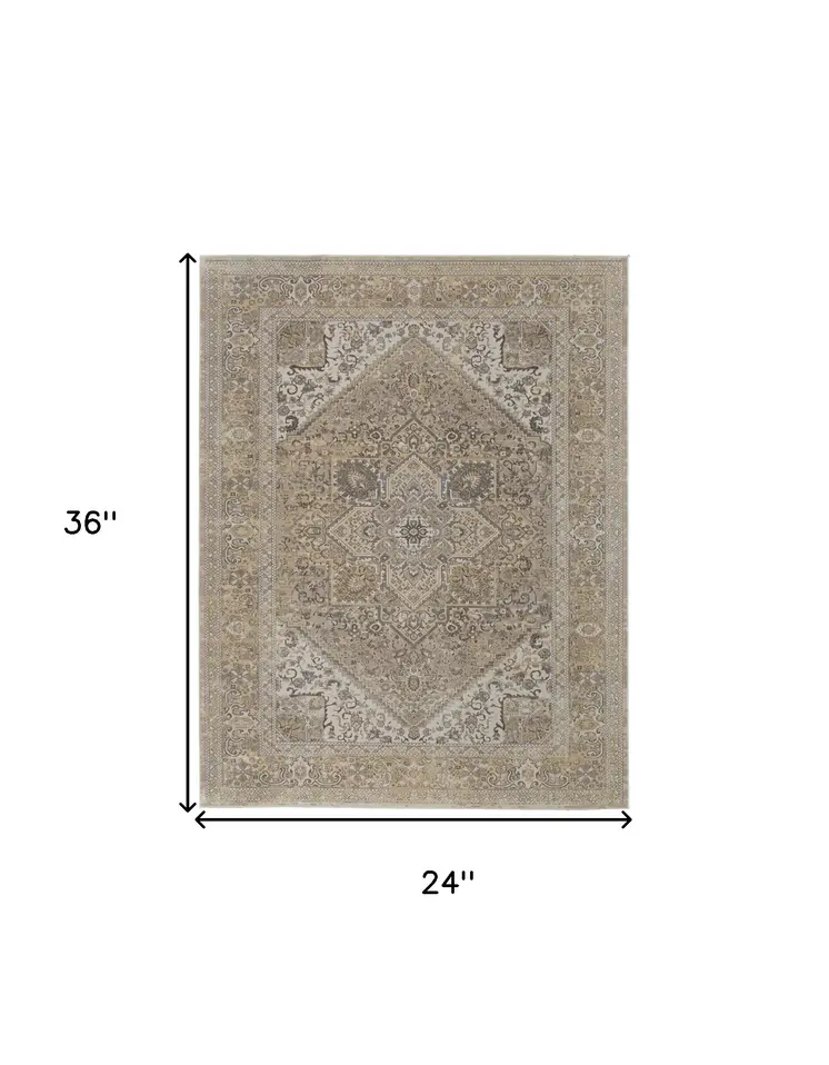 2' X 3' Brown Ivory And Tan Floral Power Loom Distressed Area Rug