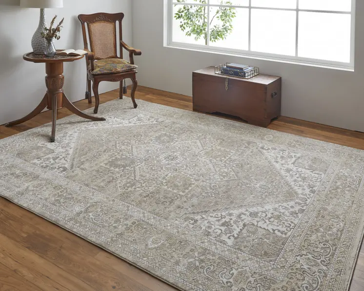 2' X 3' Brown Ivory And Tan Floral Power Loom Distressed Area Rug