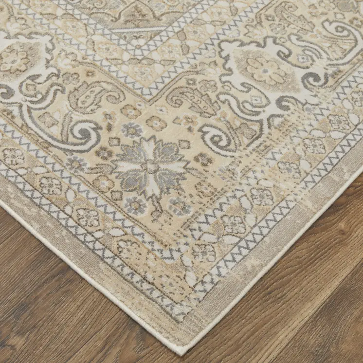 2' X 3' Brown Ivory And Tan Floral Power Loom Distressed Area Rug