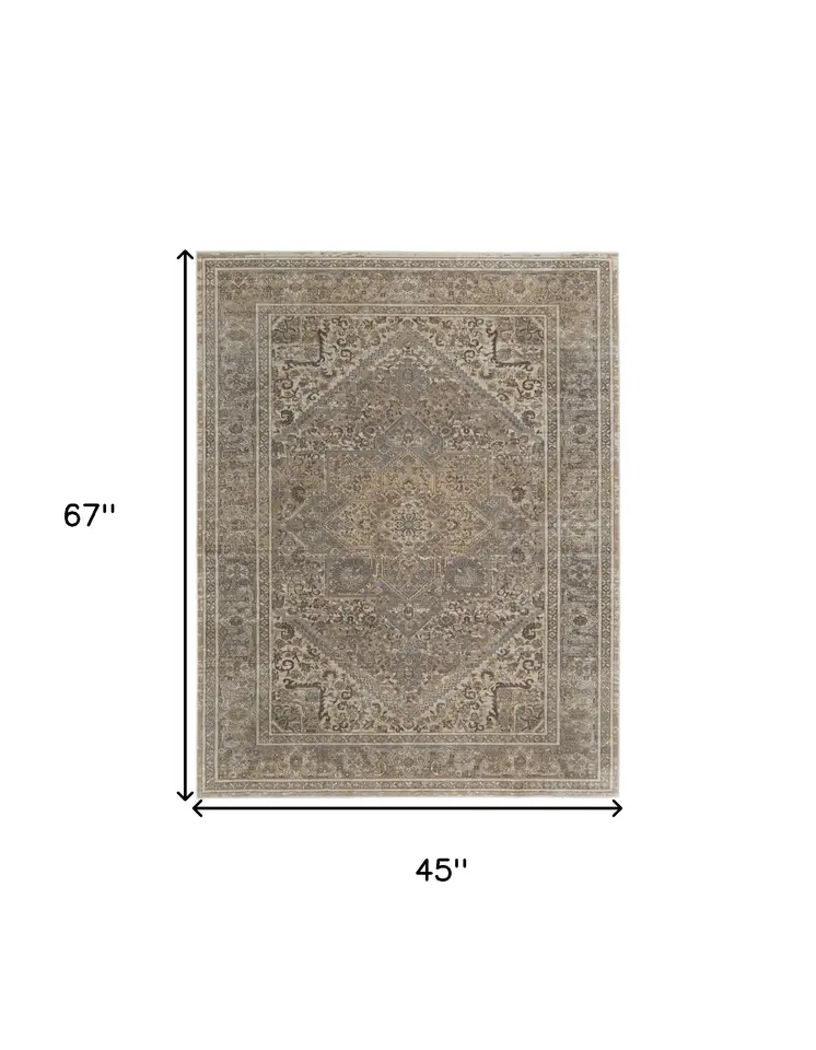4' X 6' Tan and Brown Floral Power Loom Distressed Non Skid Area Rug
