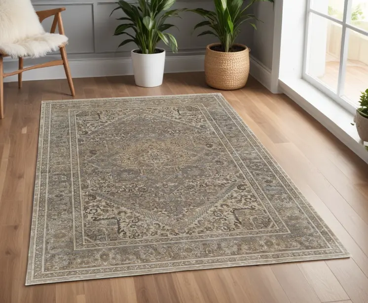 4' X 6' Tan and Brown Floral Power Loom Distressed Non Skid Area Rug